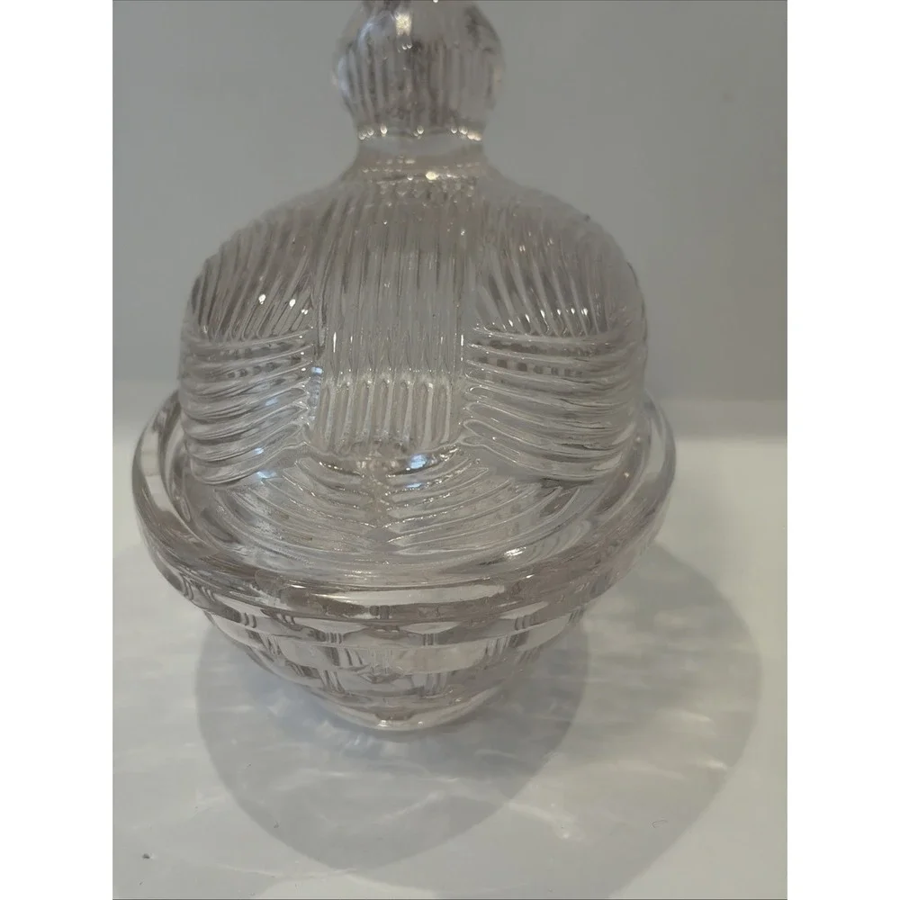 Light Pale Pink Glass Duck On Woven Basket Dish Trinket Candy Covered